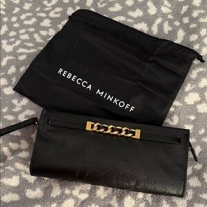 Rebecca Minkoff Black Leather Clutch with Gold Chain Accent & Dust Bag